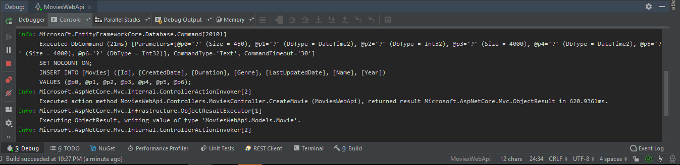 Log showing the SQL code executed by EF Core